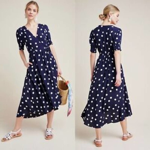 Anthropologie Maeve Polka Dot Wrap Dress Midi High-Low Puff Sleeve Navy Blue 8 - Picture 1 of 10